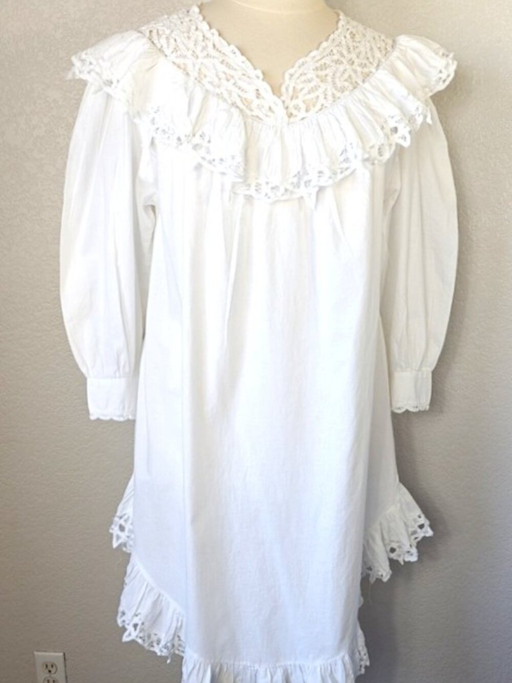 Adonna Size M Cotton Nightgown Cottagecore Long Puff Sleeves Embroidery Trim